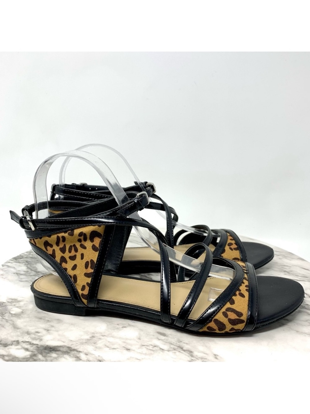 Zara Leopard Animal Print Multi Strap Sandals 39 Minimalist Modern Goth Alt Edgy